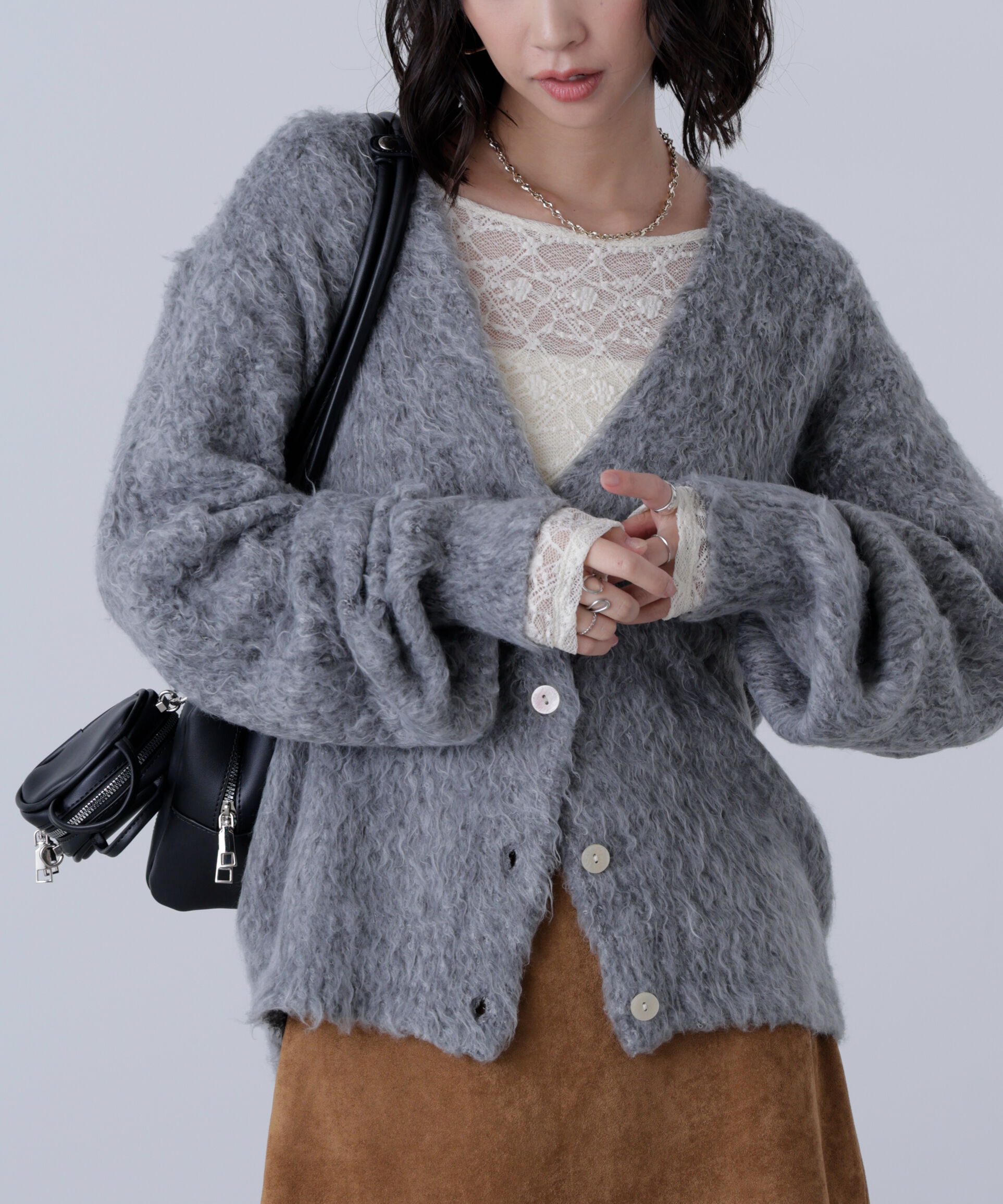  「ウェーブ起毛Vネックカーディガン」|ニット・セーター|