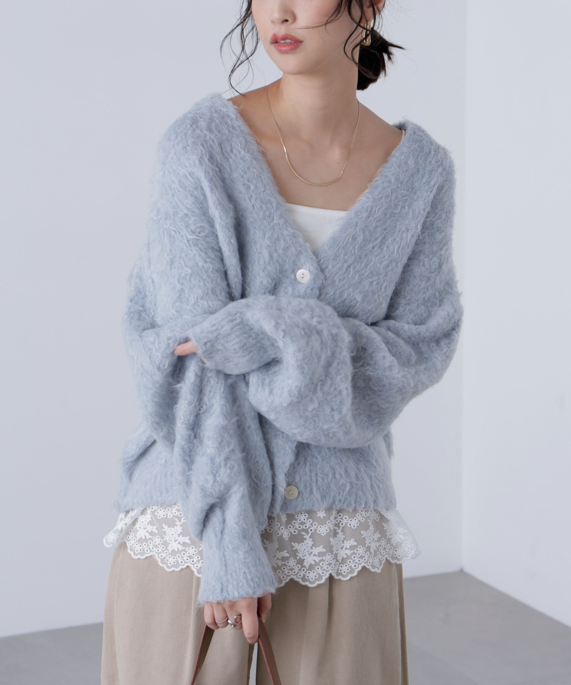  「ウェーブ起毛Vネックカーディガン」|ニット・セーター|ブルー