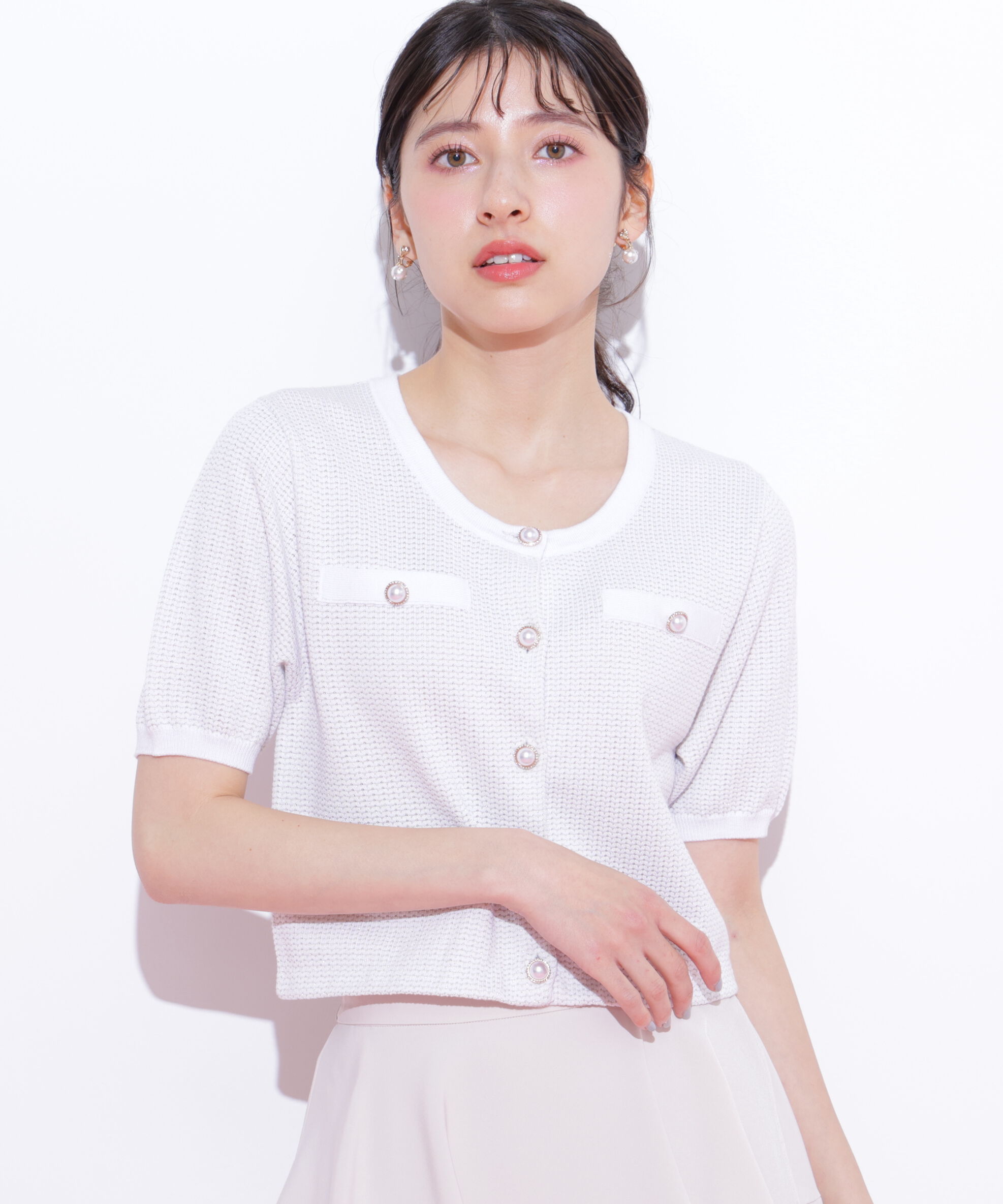  「ラメツイード半袖カーディガン」|ニット・セーター|ホワイト