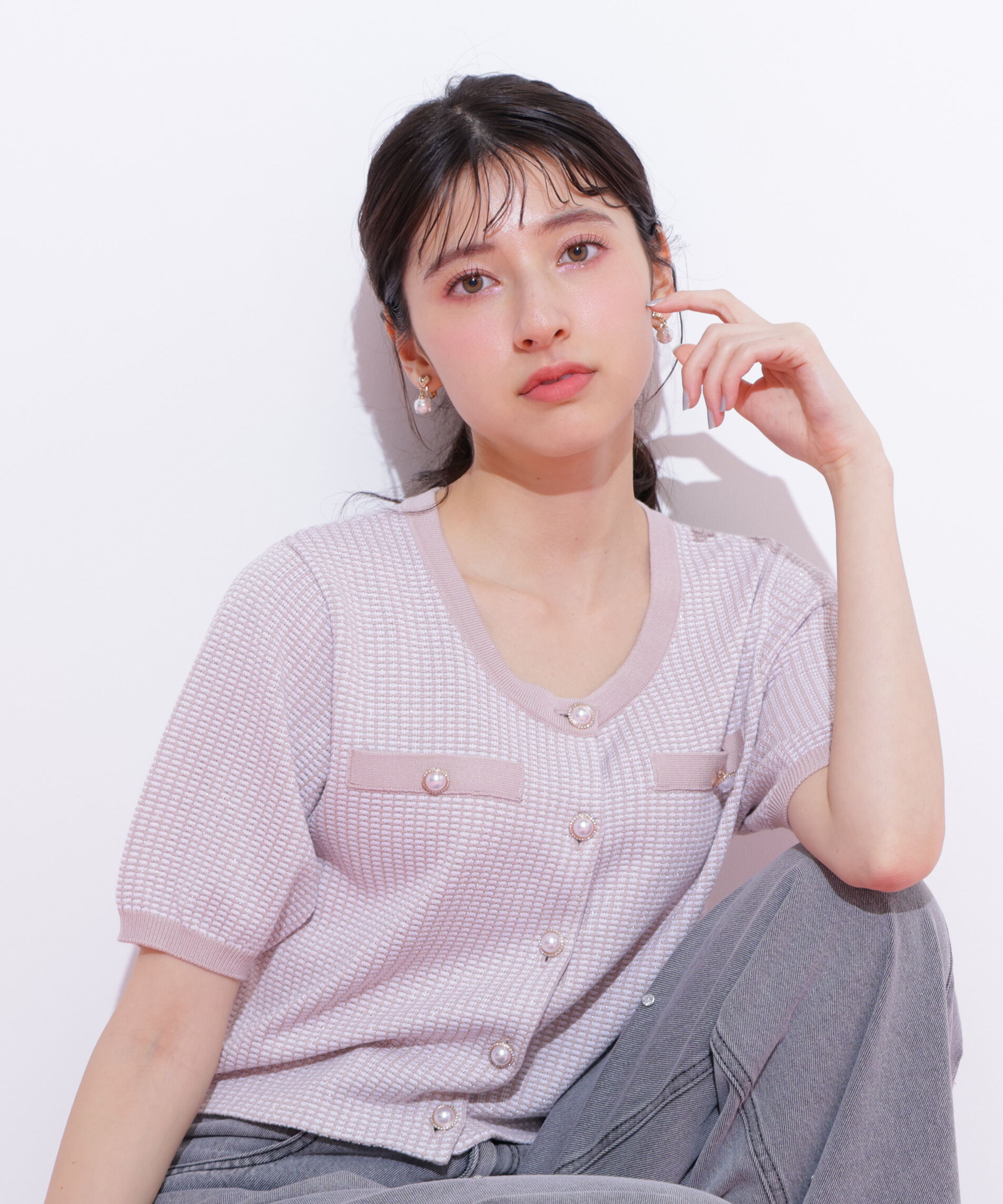  「ラメツイード半袖カーディガン」|ニット・セーター|ピンク