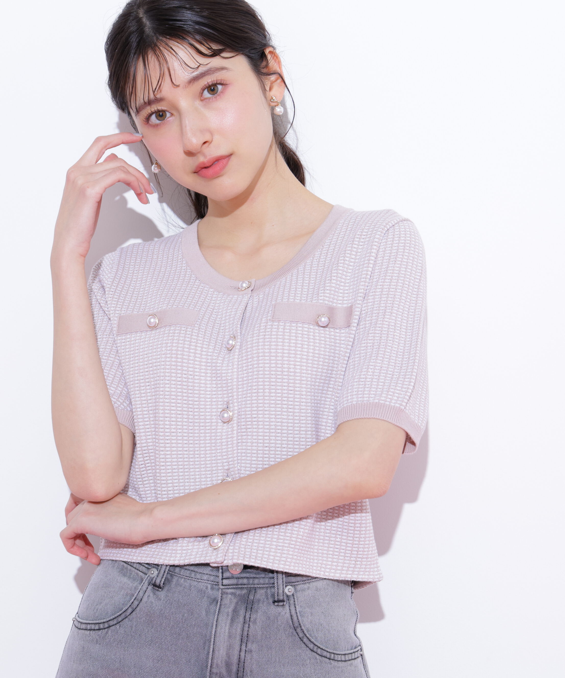  「ラメツイード半袖カーディガン」|ニット・セーター|