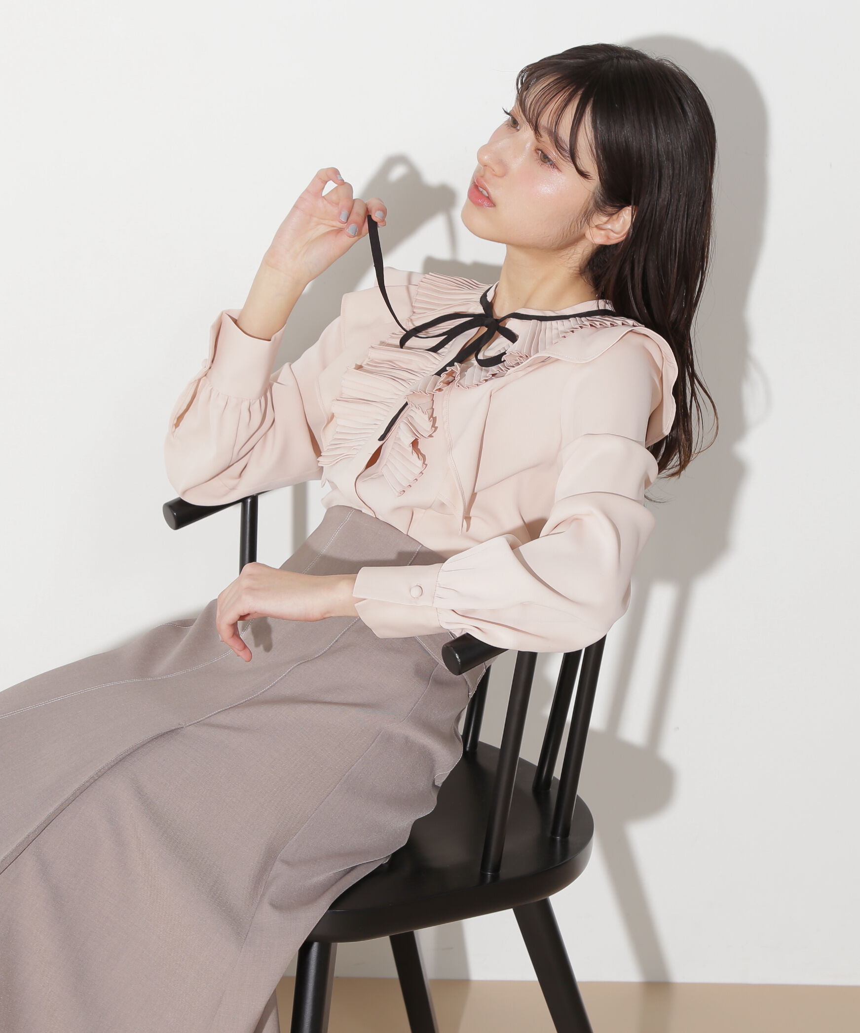  「プリーツフリルリボンタイブラウス」|シャツ・ブラウス|ピンク