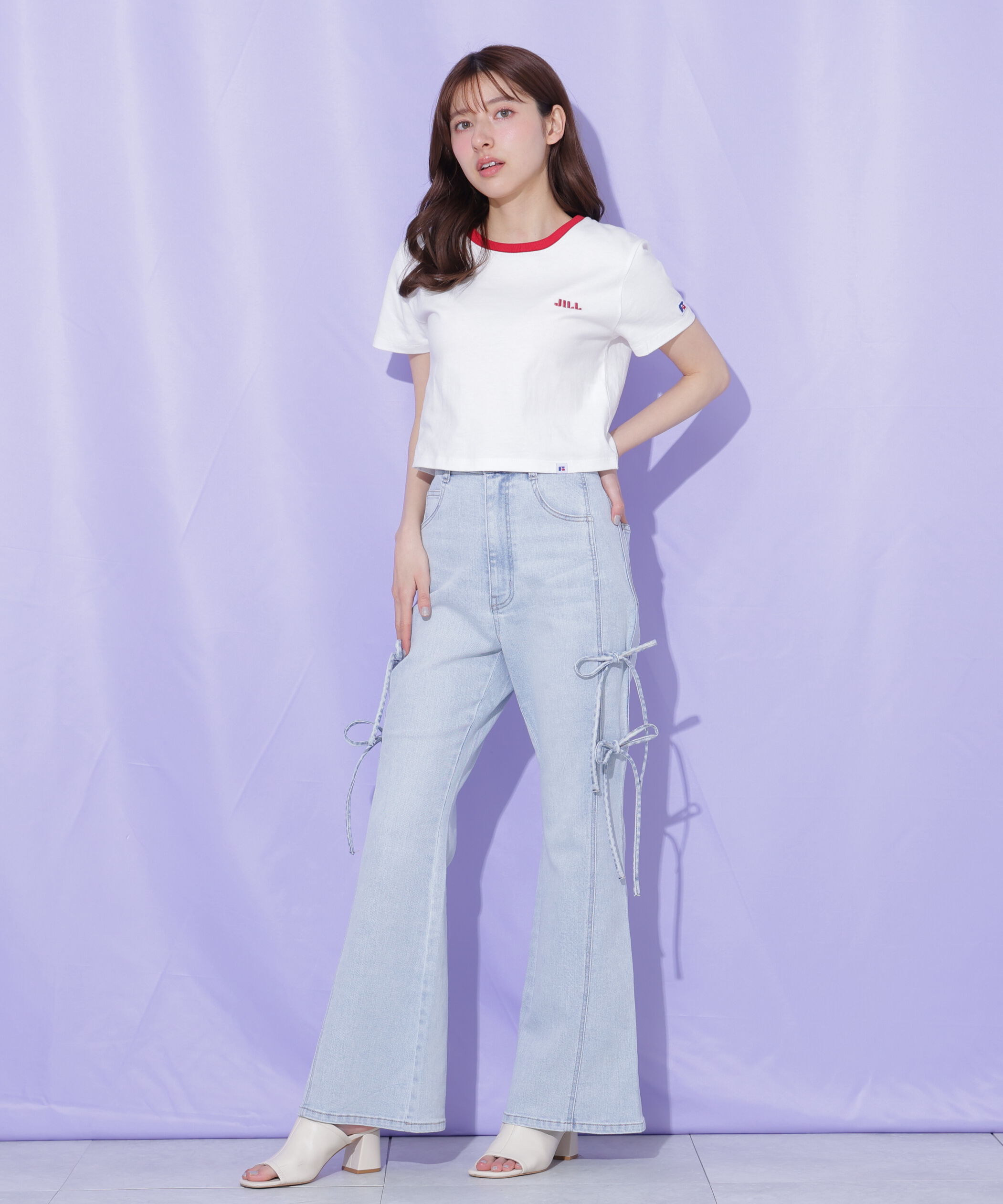  「サイドリボンフレアデニムパンツ」|その他|ブルー