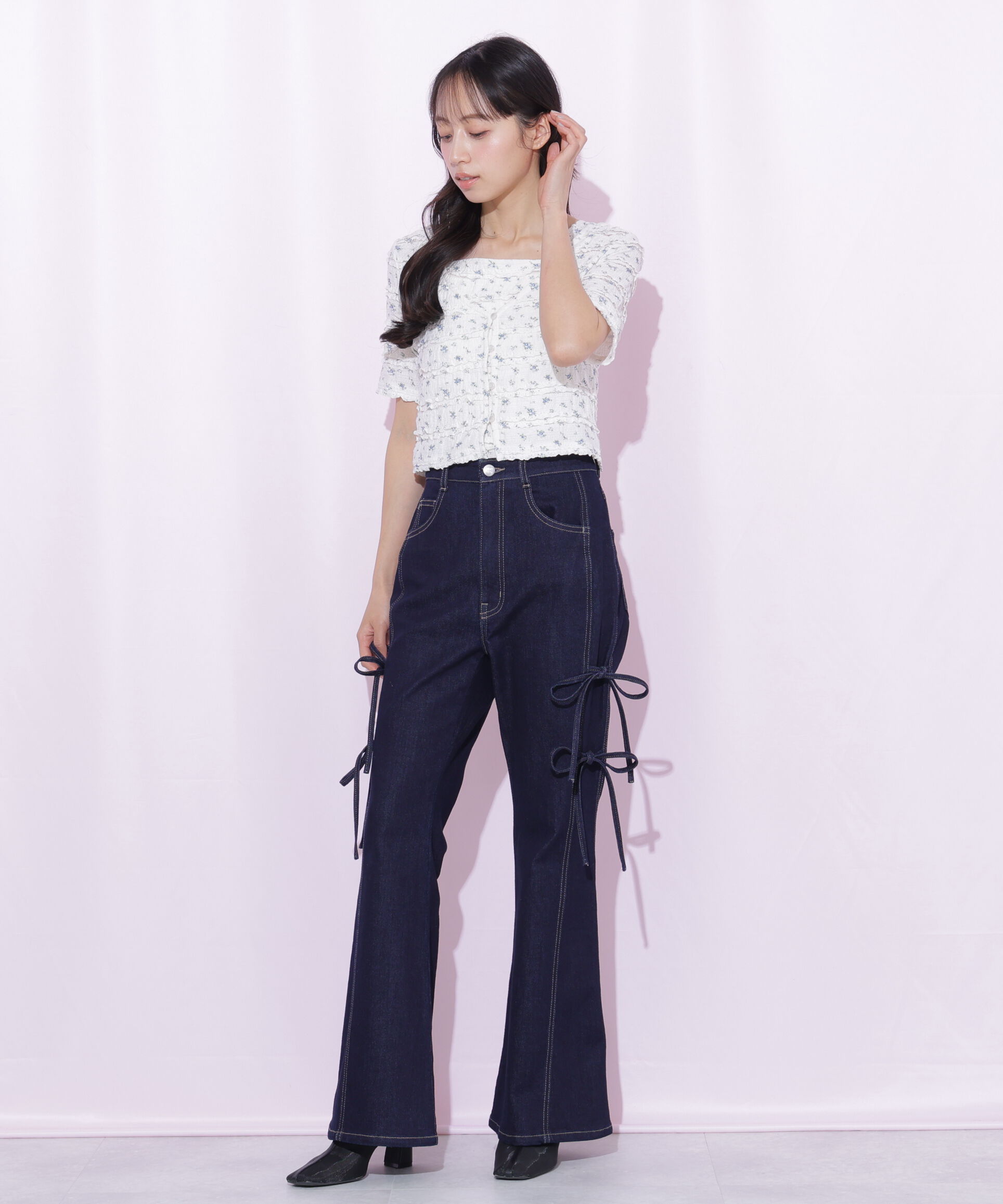  「サイドリボンフレアデニムパンツ」|その他|