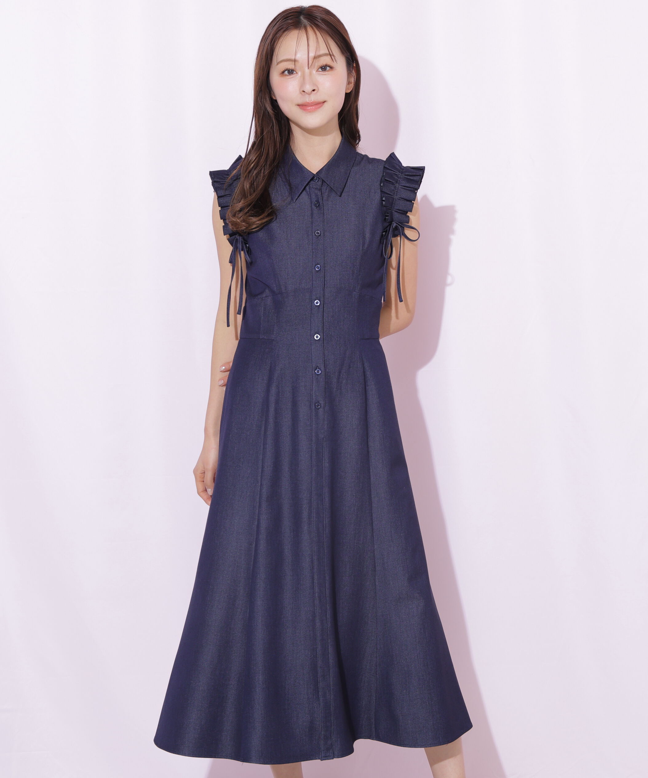  「ショルダーフリルワンピース」|ワンピース|ネイビー
