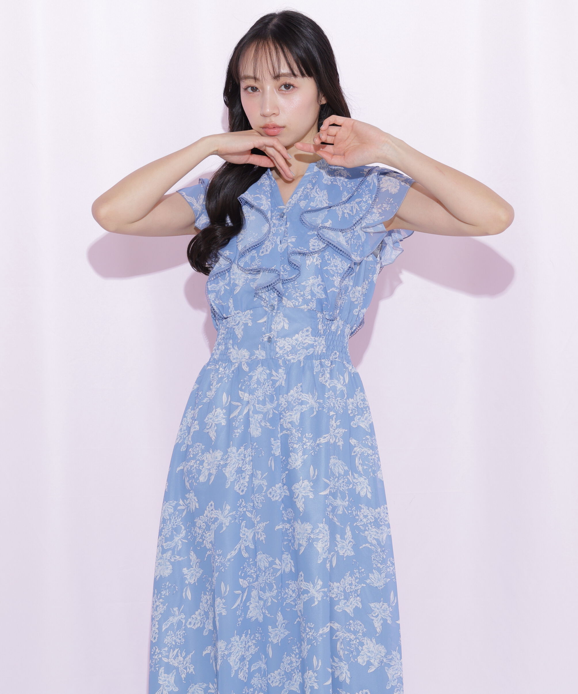  「フラワープリントラッフルワンピース」|ワンピース|ブルー1
