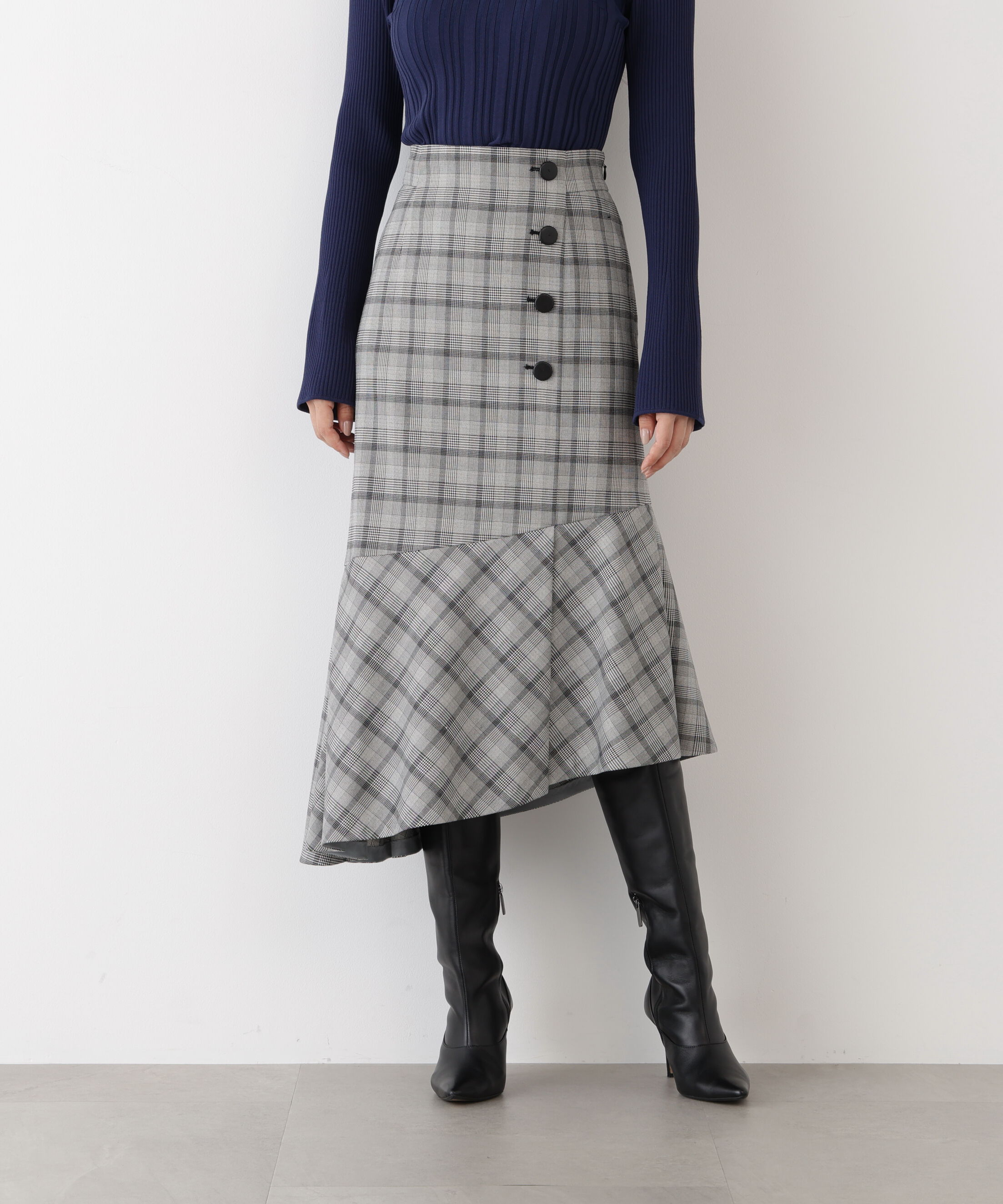  「◆グレンチェックアシンメトリーラッフルスカート」|スカート|グレー