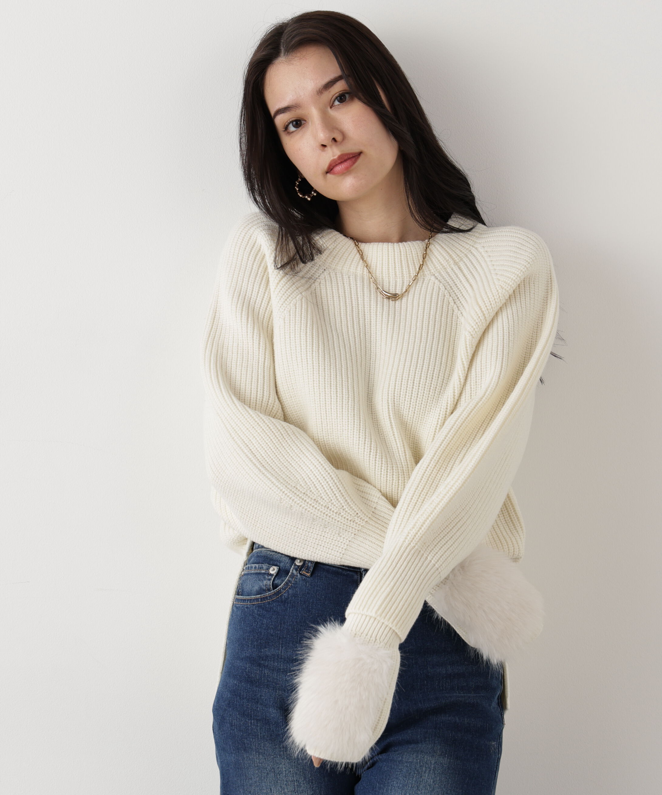  「◆ファーグローブ付き畦ニットプルオーバー」|ニット・セーター|