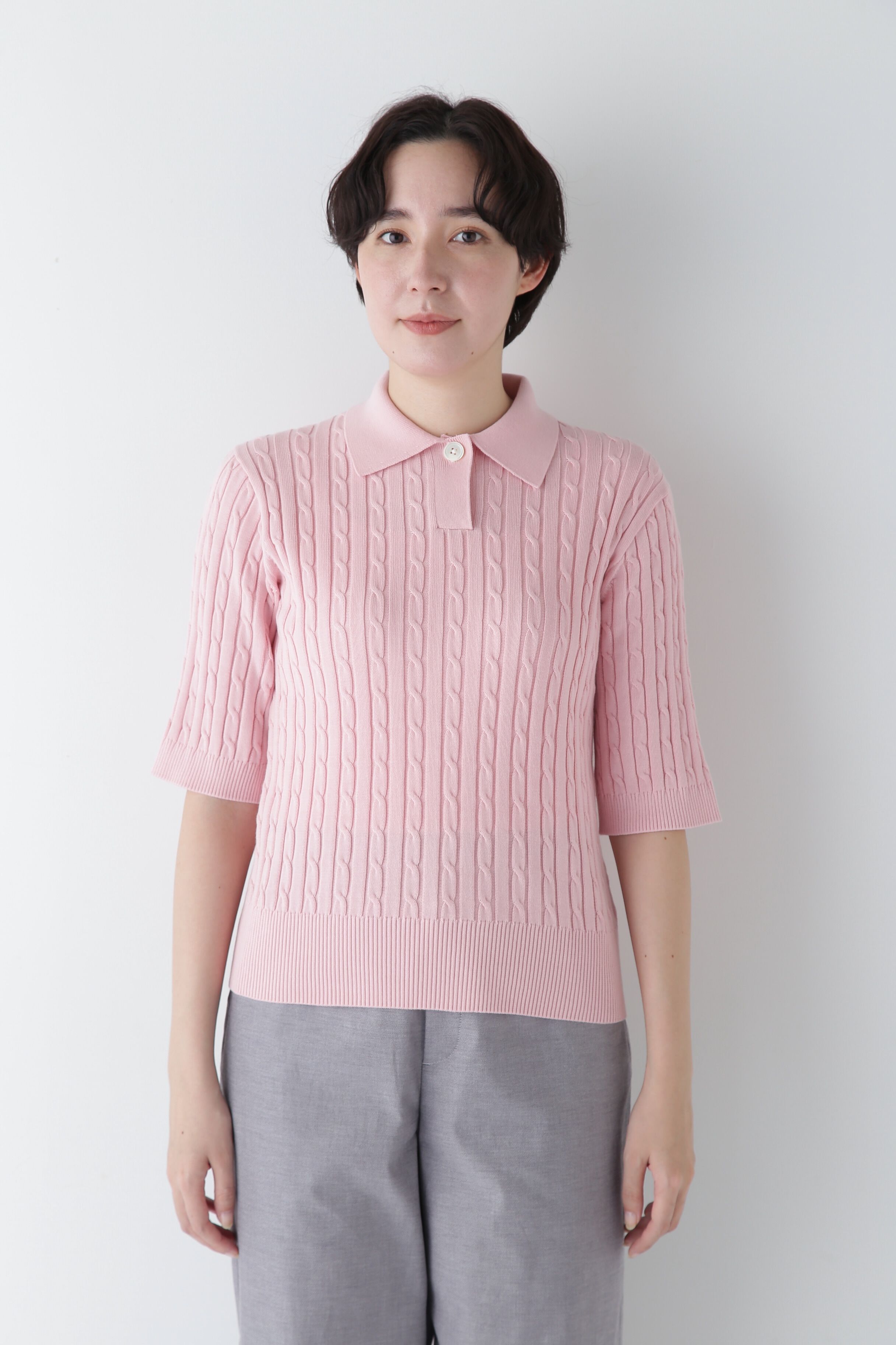  「◆【ウォッシャブル】コットンケーブル柄ポロニットプルオーバー」|ニット・セーター|