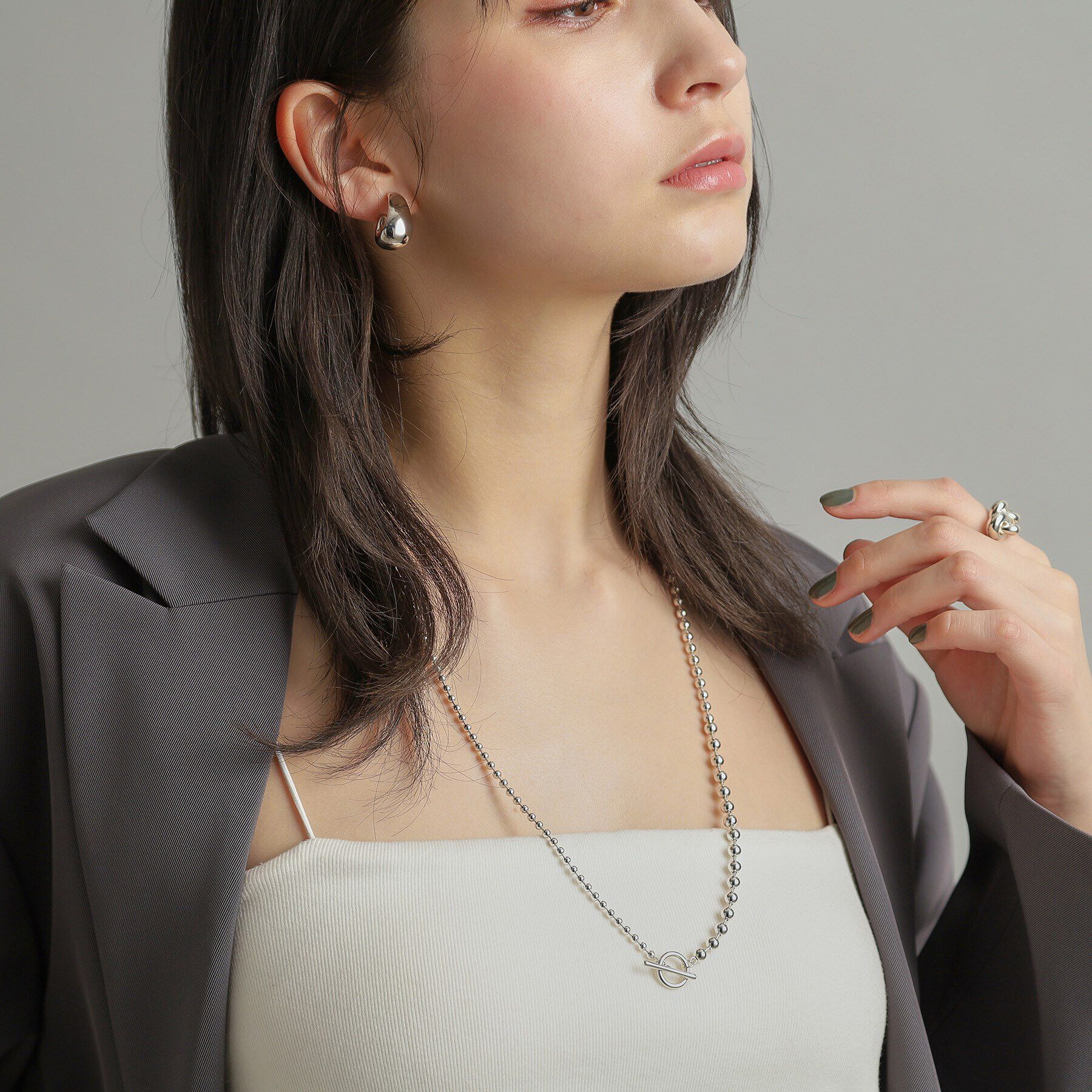 COCOSHNIK ONKITSCH「シルバー ミックスネックレス ボールチェーンマンテル」|ネックレス|