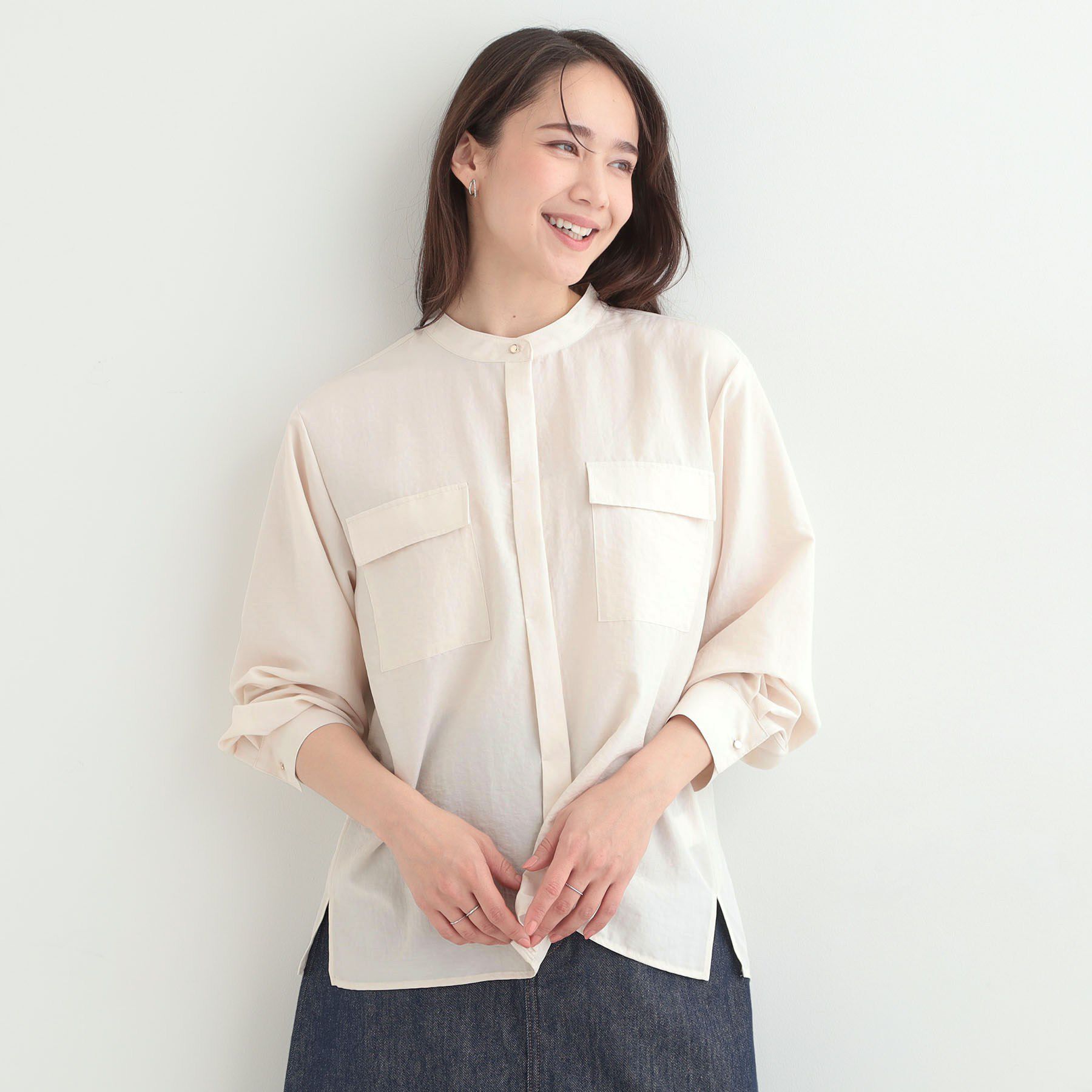 SHOO･LA･RUE「【洗濯後しわになりにくい/S-LL/UV】きれいめにもラフにも　フラップポケットがポイントのバンドカ」|シャツ・ブラウス|
