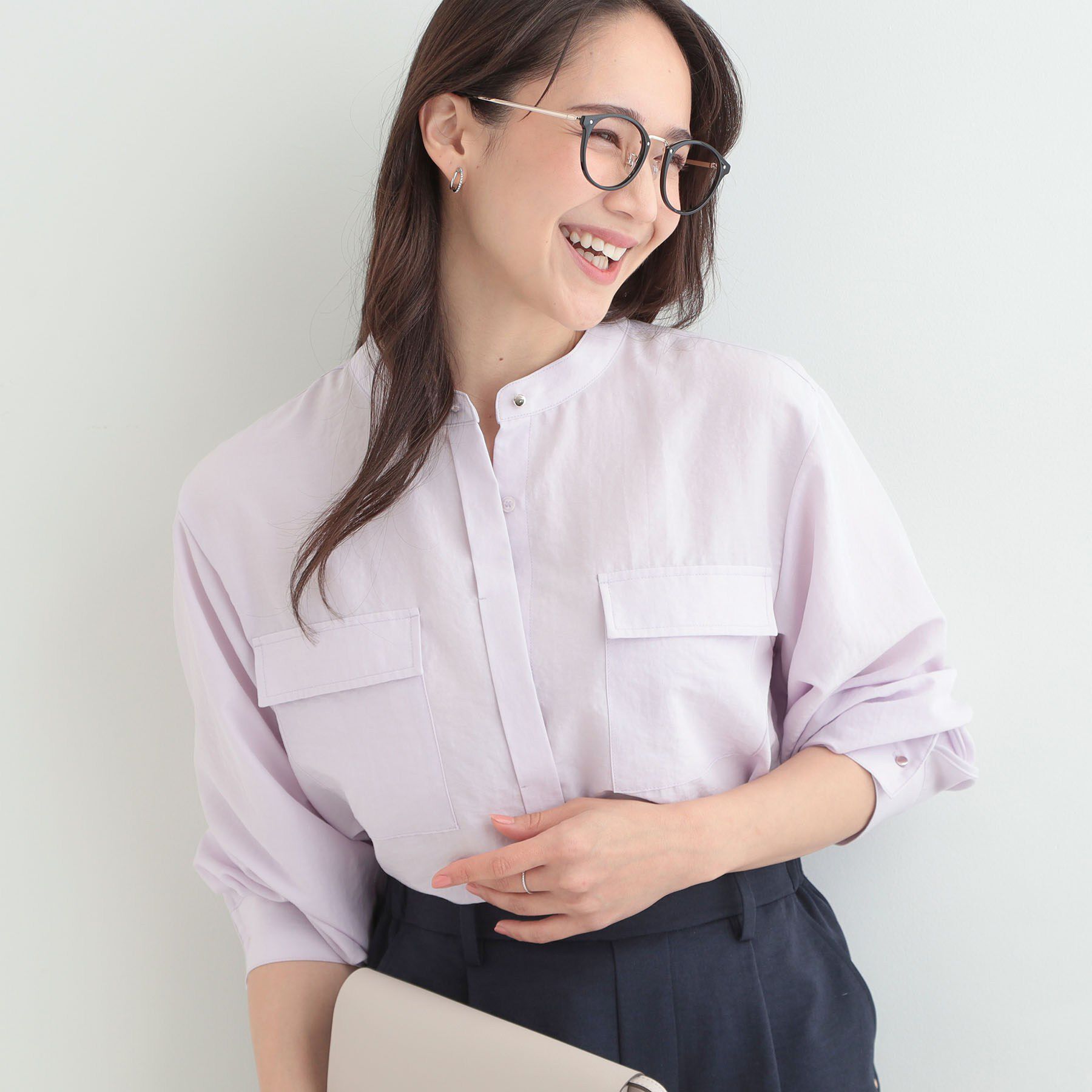 SHOO･LA･RUE「【洗濯後しわになりにくい/S-LL/UV】きれいめにもラフにも　フラップポケットがポイントのバンドカ」|シャツ・ブラウス|ピンク(071)