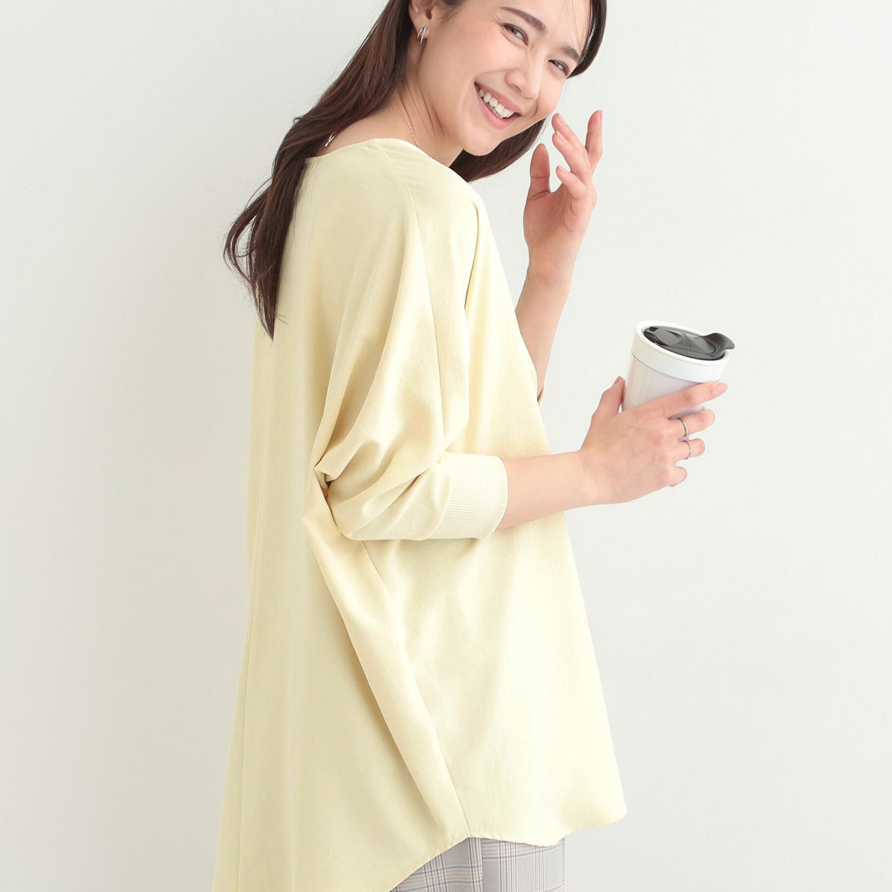 SHOO･LA･RUE「【着丈選べる/体型カバー/洗濯機可】さらさらとろん ドルマンブラウス」|シャツ・ブラウス|ライトイエローロング