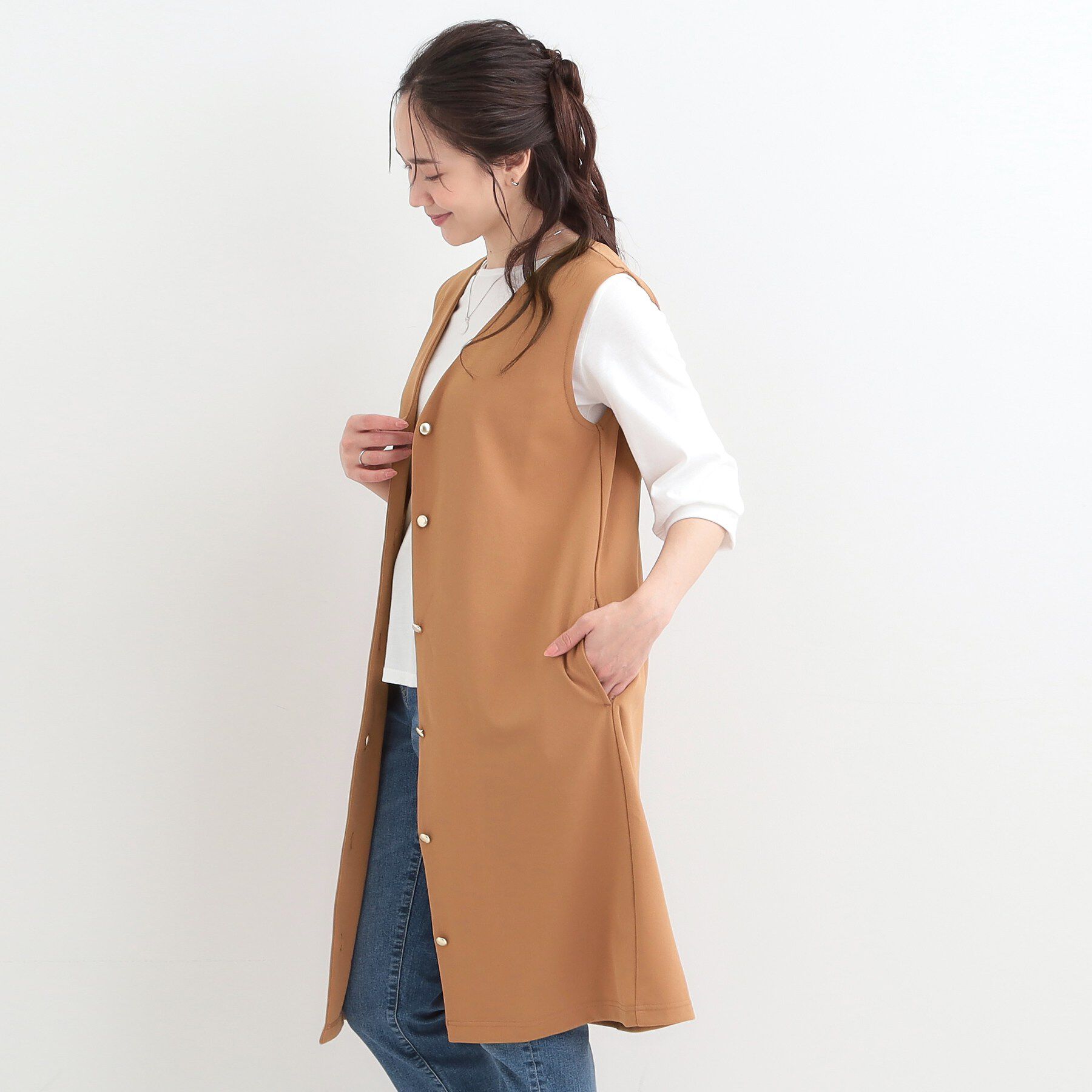 SHOO･LA･RUE「【2点セット/洗濯機可/S-LL】ジレにもなるジャンスカ+5分袖Tシャツ」|ワンピース|