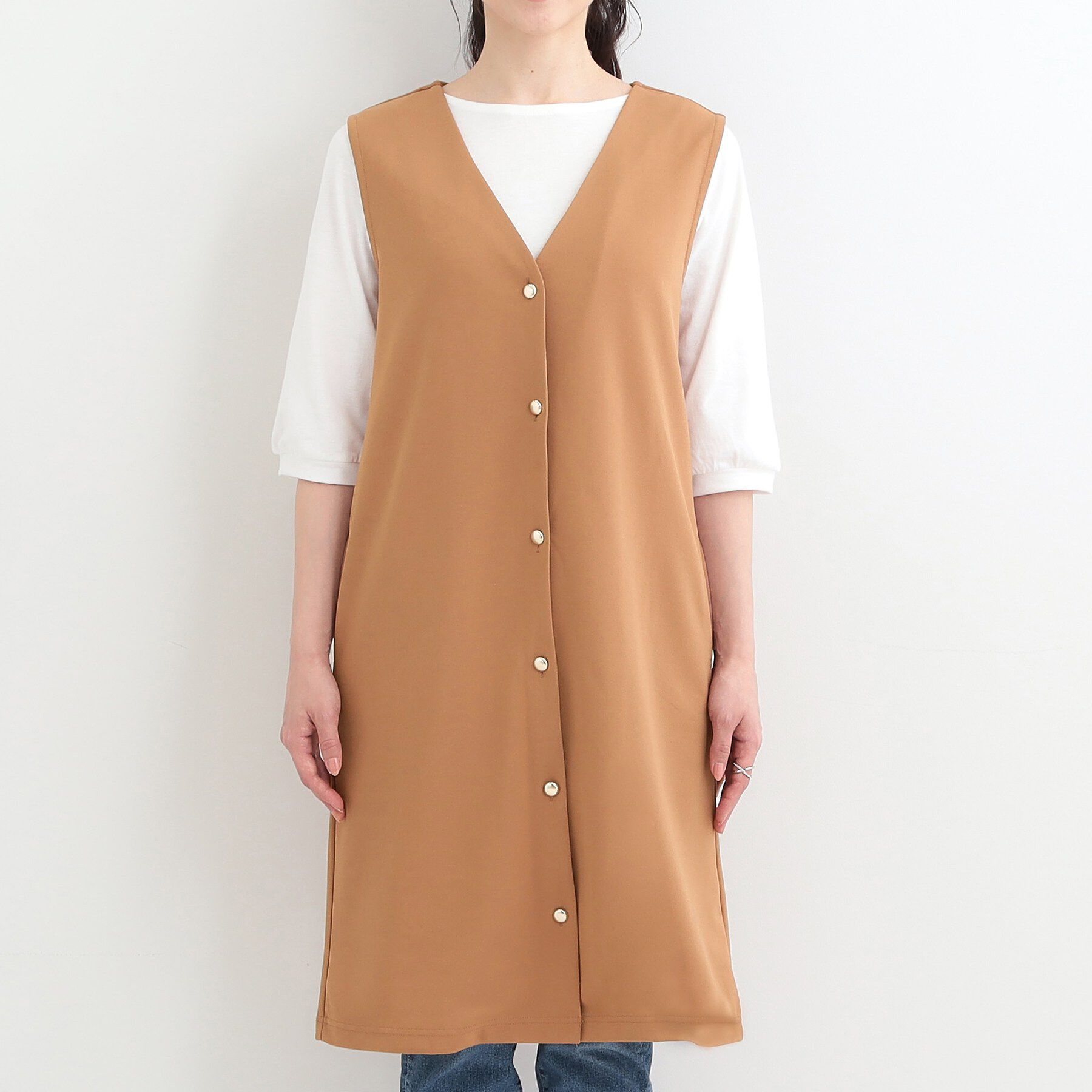 SHOO･LA･RUE「【2点セット/洗濯機可/S-LL】ジレにもなるジャンスカ+5分袖Tシャツ」|ワンピース|