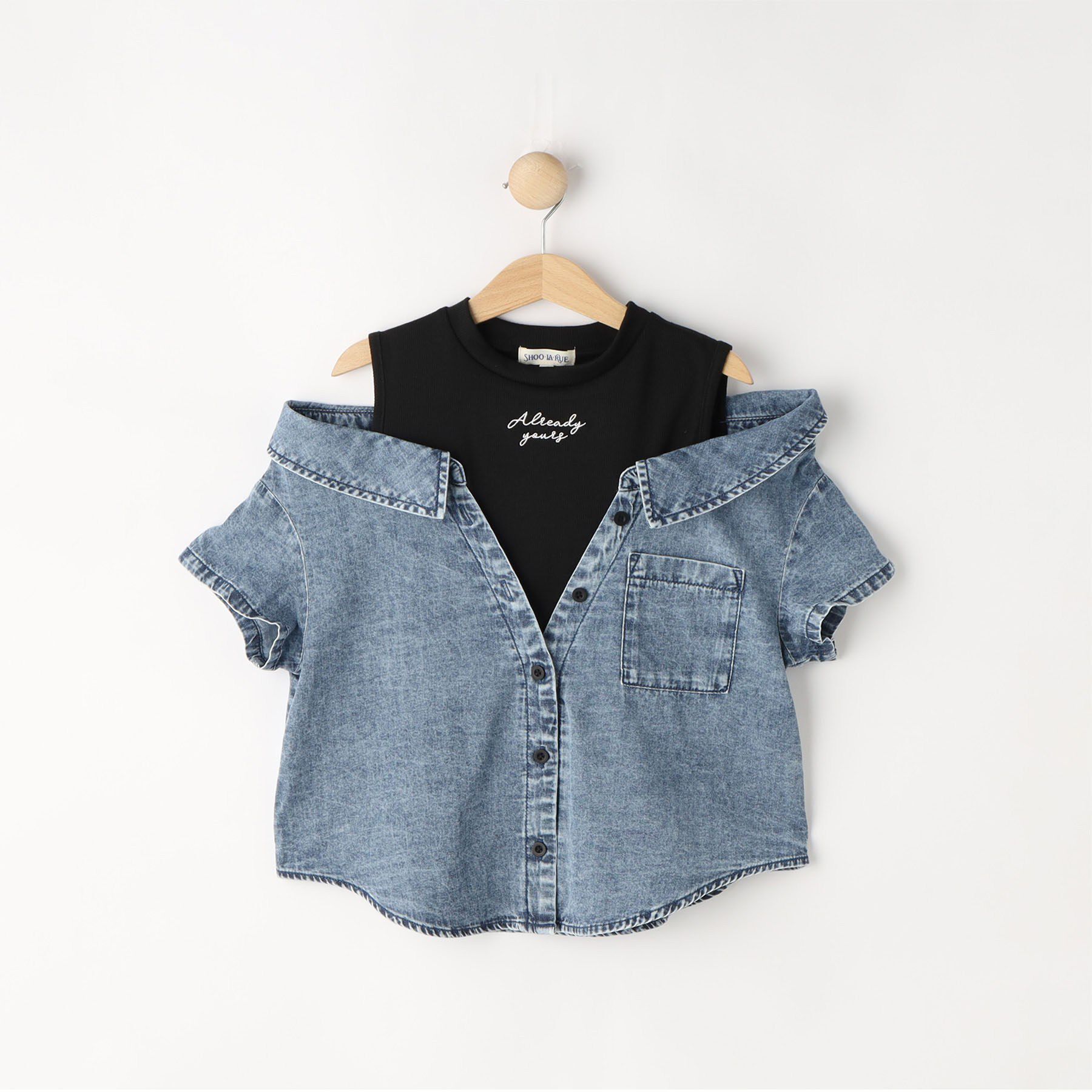SHOO･LA･RUE「【120-150cm】肩あきデニムドッキングシャツ」|Tシャツ・カットソー|ブルー(691)