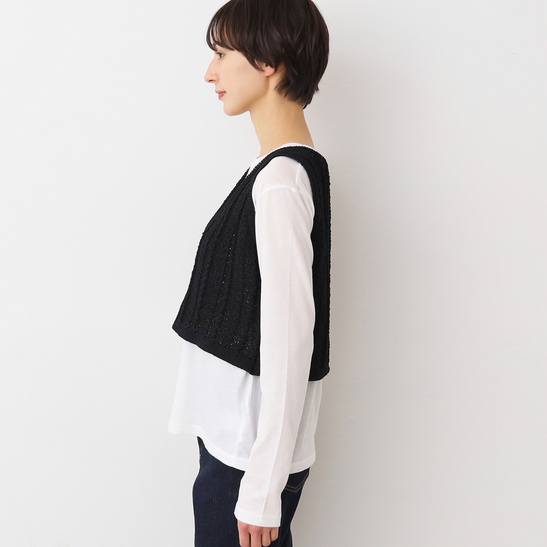 Dessin「【洗える】クロップド丈Vネックニットベスト」|ベスト・ジレ|