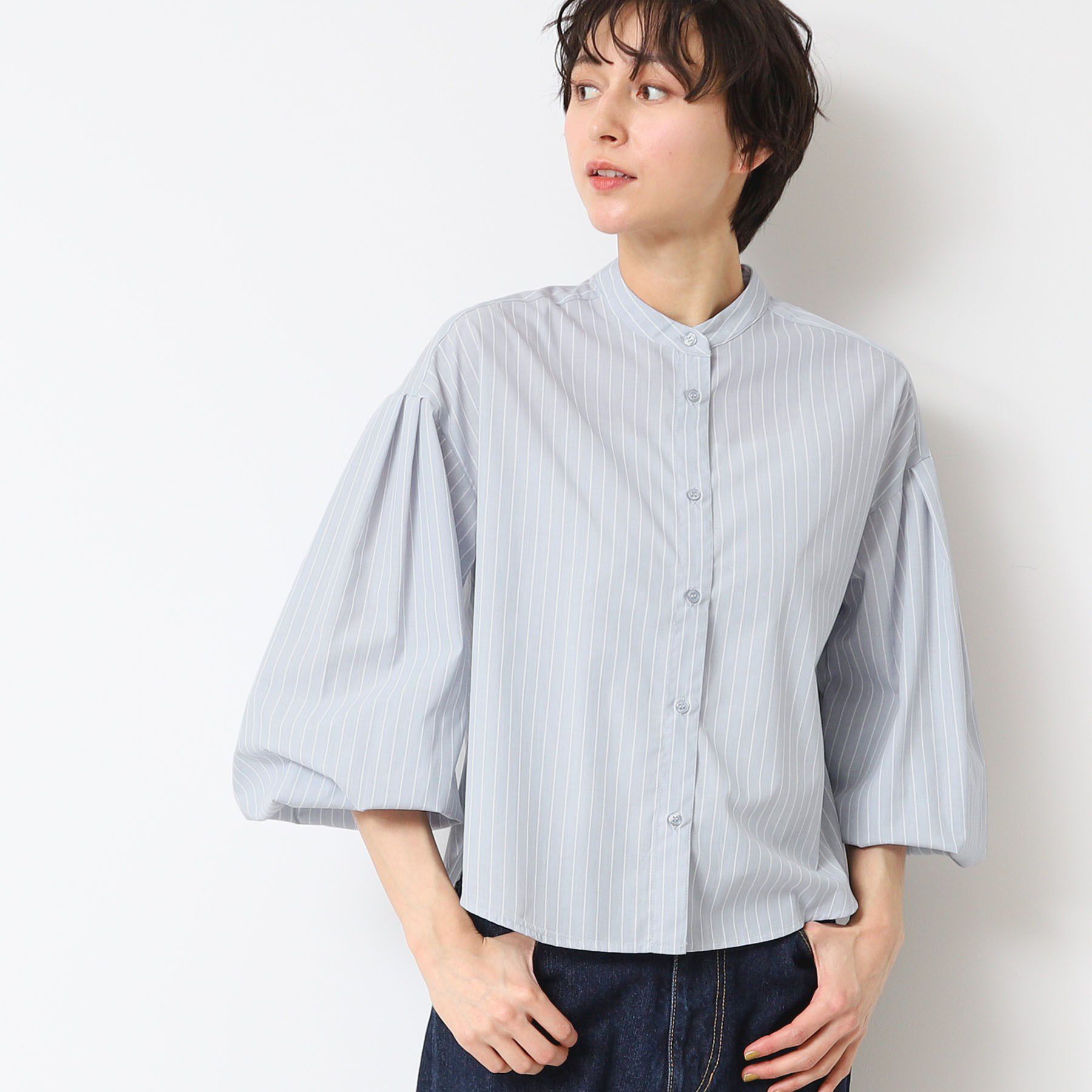 Dessin「【洗える】バンドカラーストライプシャツ（XS～L）」|シャツ・ブラウス|