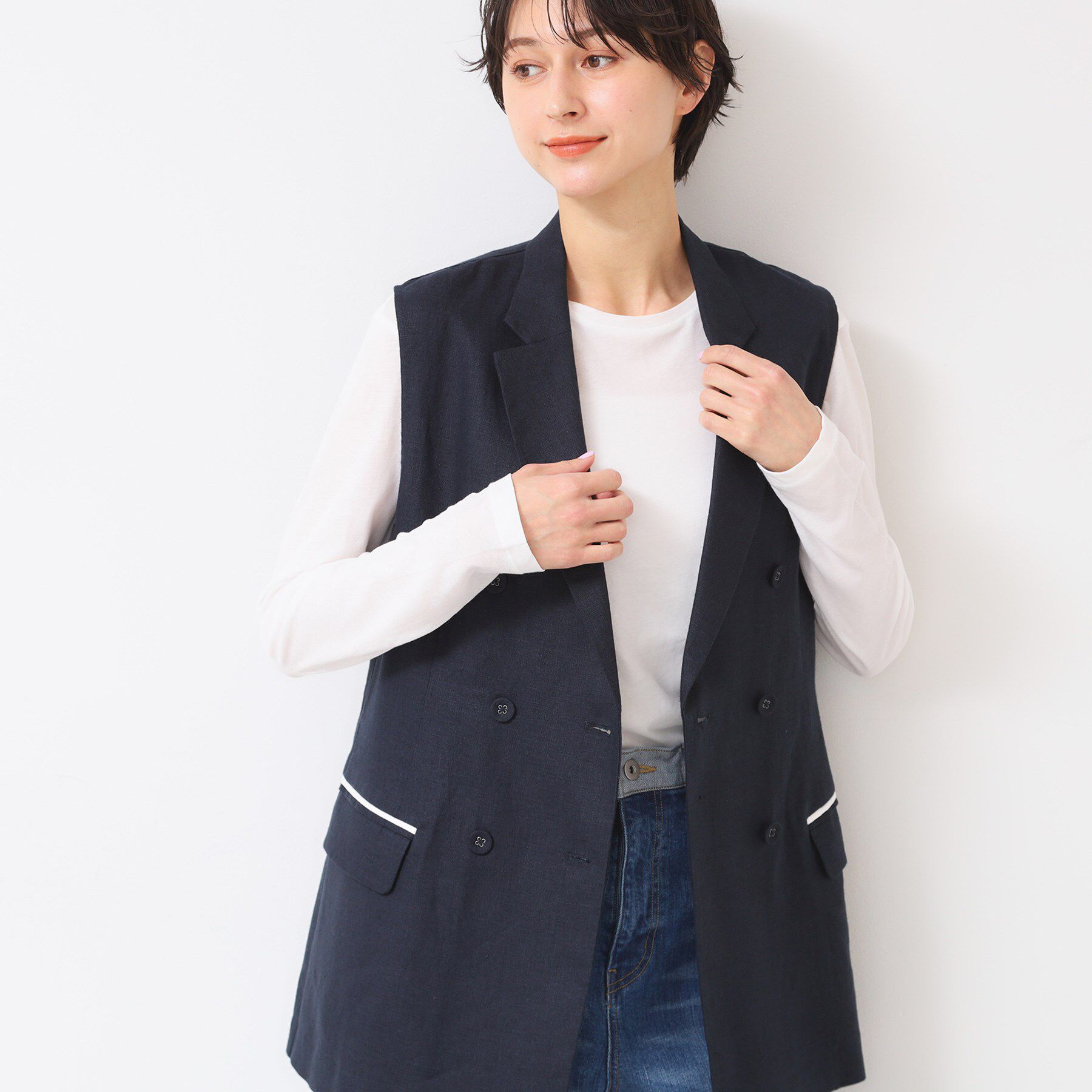 Dessin「【セットアップ可能・洗える】リネンスリーブレスジャケット」|ベスト・ジレ|ネイビー(094)