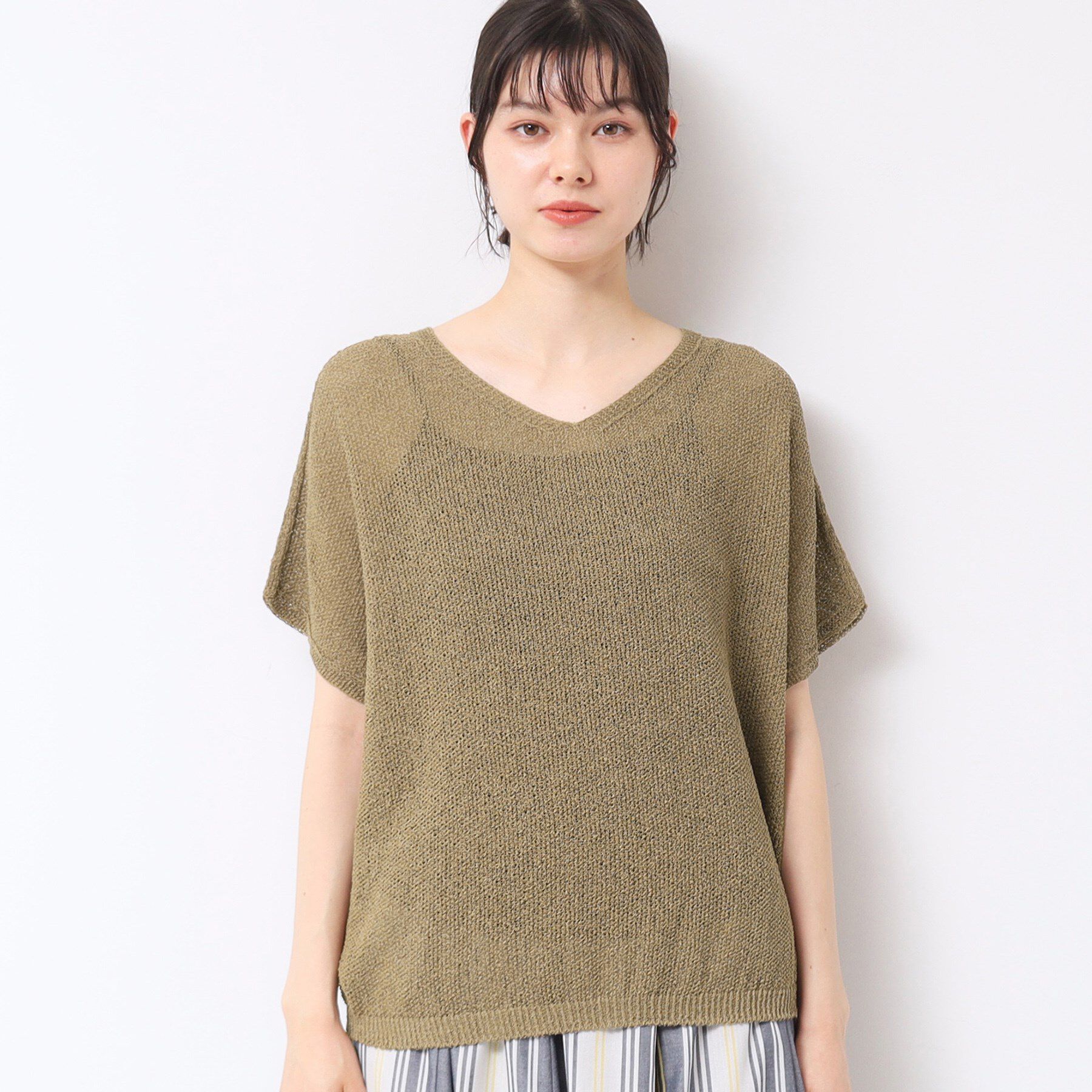 Dessin「【日本製・洗える】シームレスラインVネックニット」|ニット・セーター|