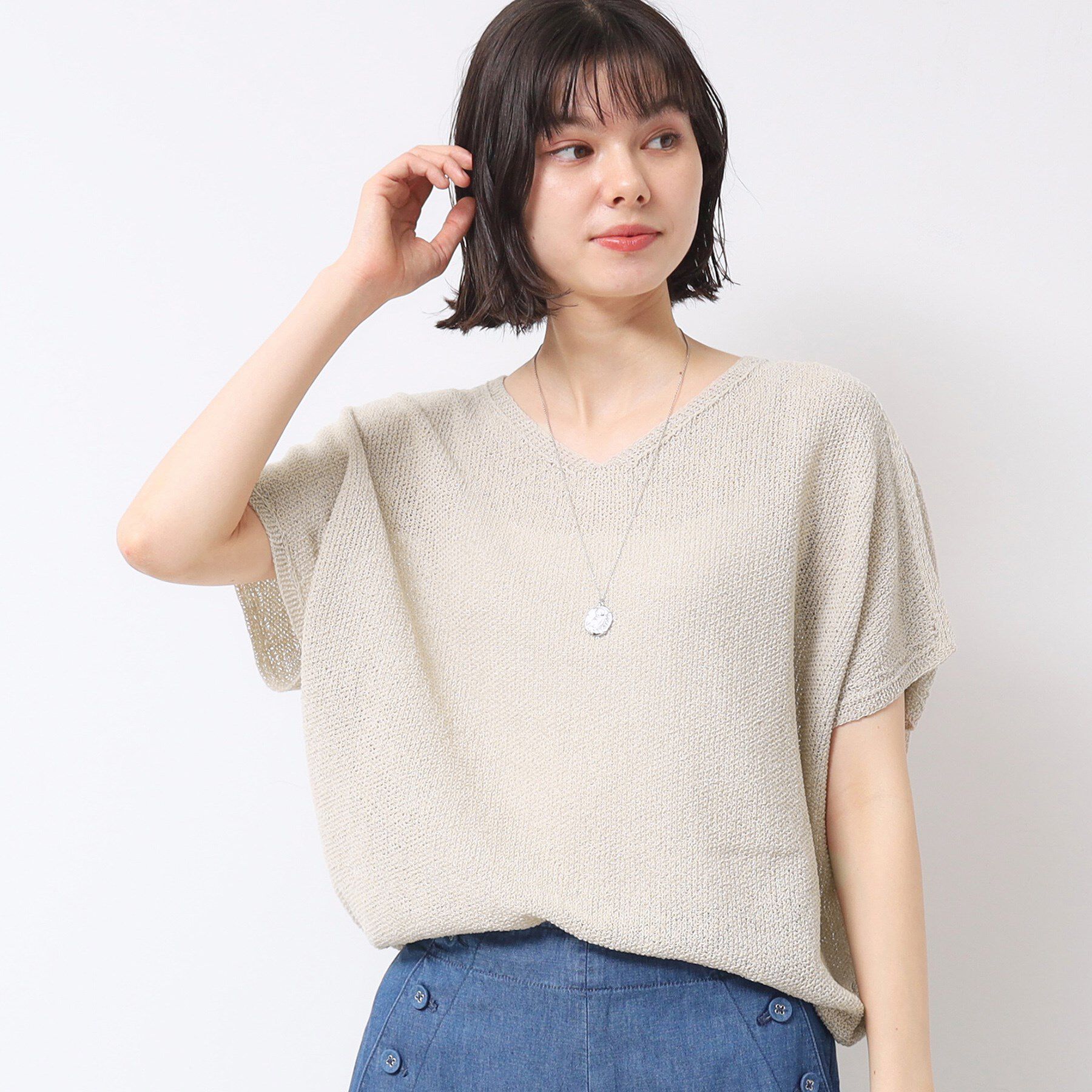 Dessin「【日本製・洗える】シームレスラインVネックニット」|ニット・セーター|