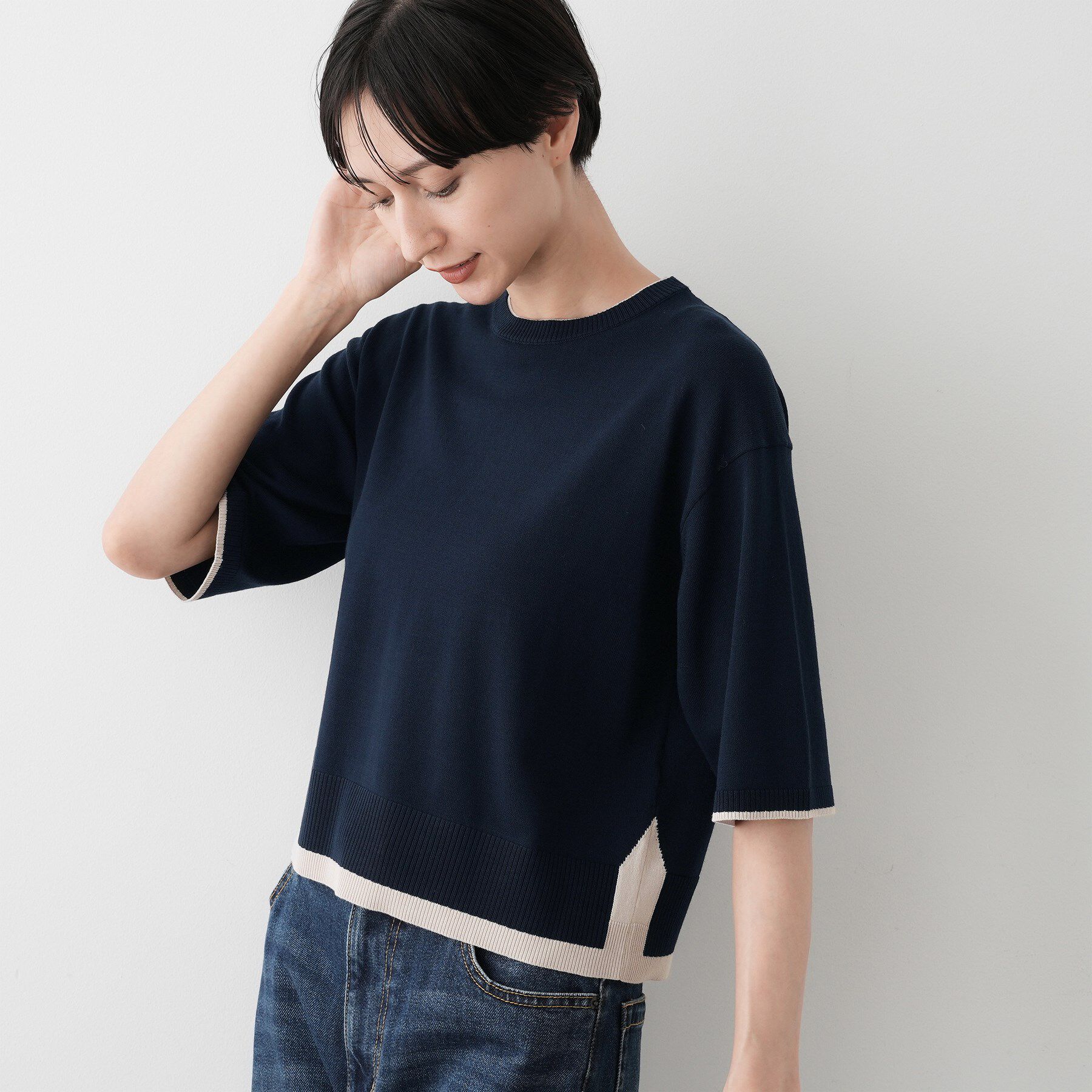 Dessin「【洗える】バイカラーショート丈ニット」|ニット・セーター|