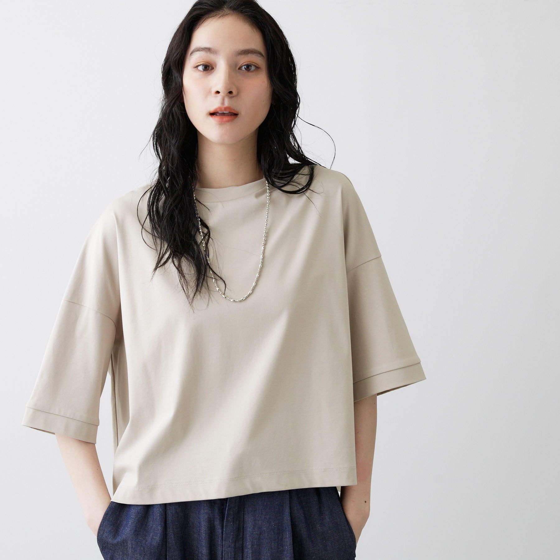 Dessin「【体型カバー/五分袖】美光沢カットソーボクシーシルエット」|Tシャツ・カットソー|