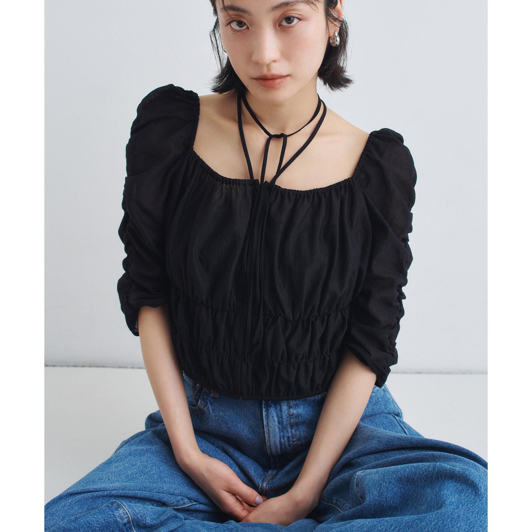CODE A「sheer gather blouse」|シャツ・ブラウス|ブラック(019)