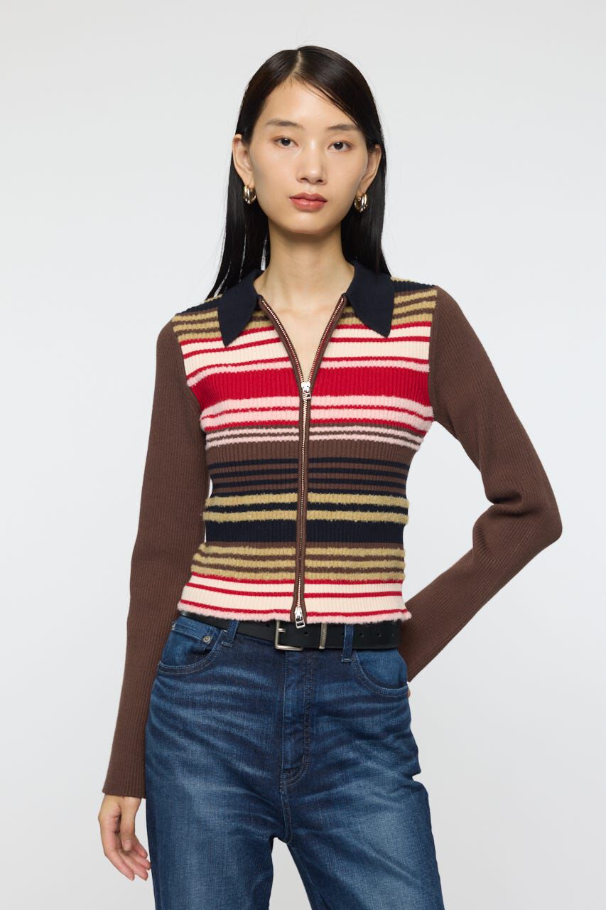 MOUSSY「STRIPE ZIP UP KNIT シャツ」|シャツ・ブラウス|柄BRN5