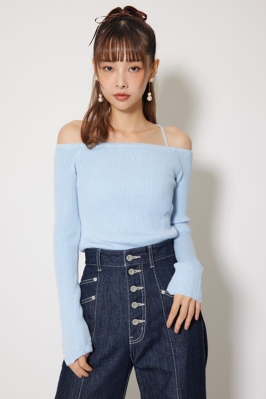 rienda「Rロゴバックリボンオフショルニットトップス」|ニット・セーター|L/BLU1