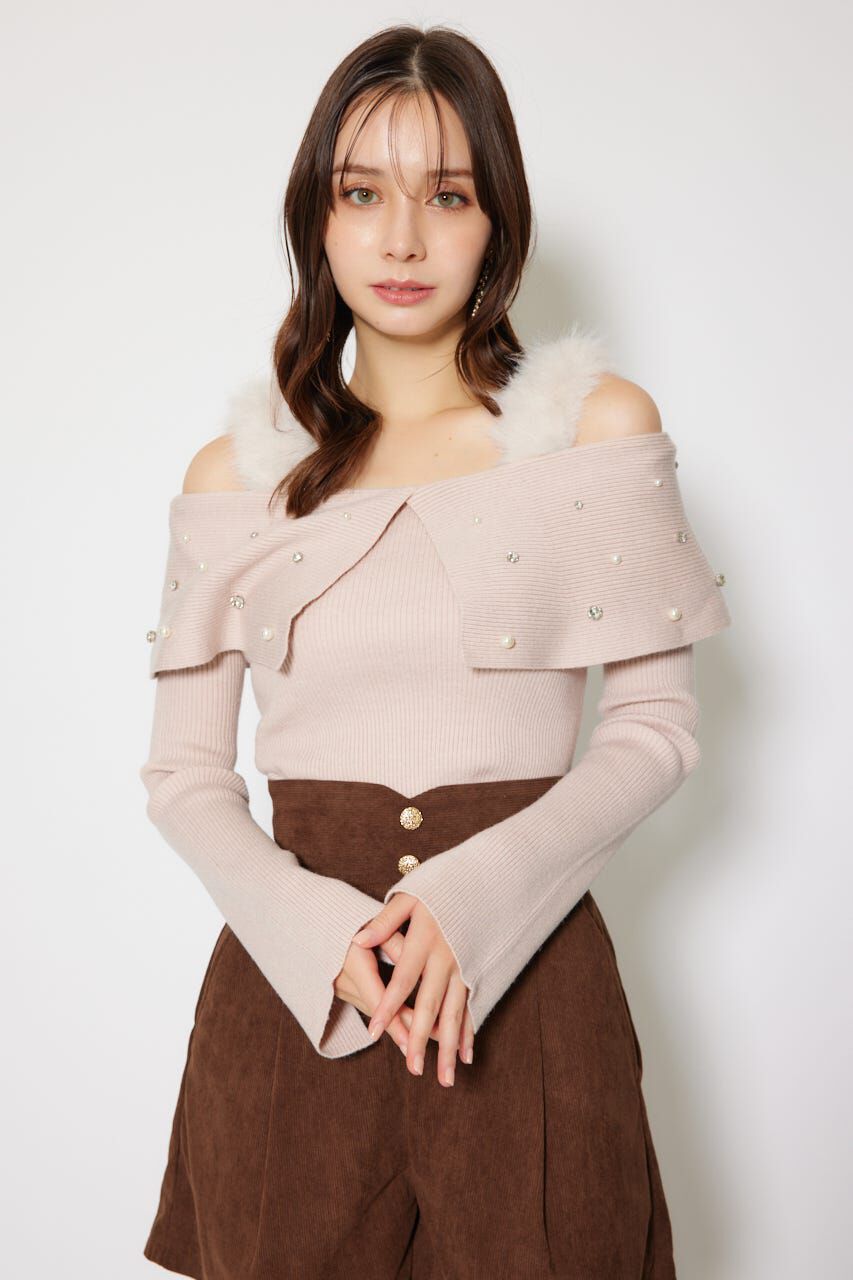 rienda「ショルダーフェイクファービジューニットトップス」|ニット・セーター|