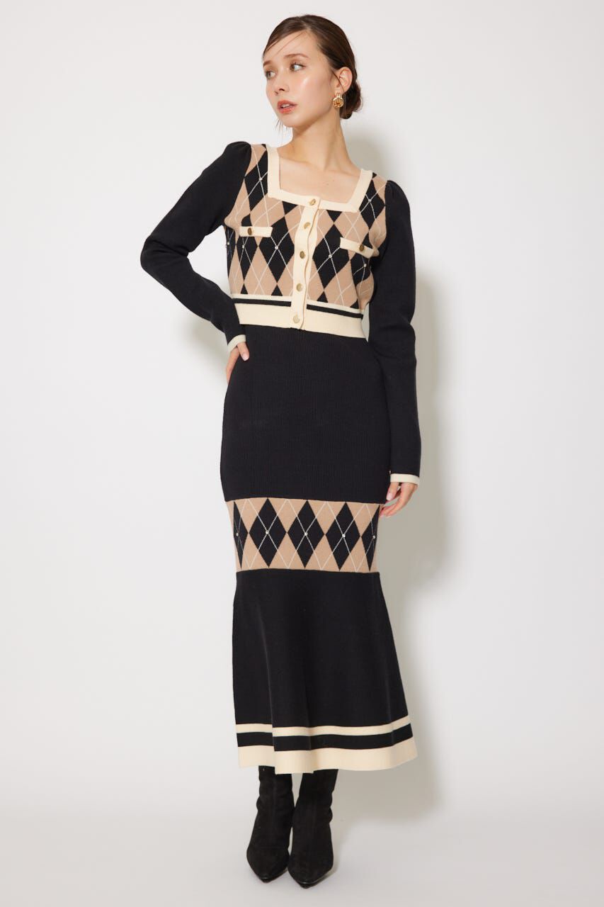 rienda「アーガイルバイカラーカーディガンセットニットワンピース」|ワンピース|