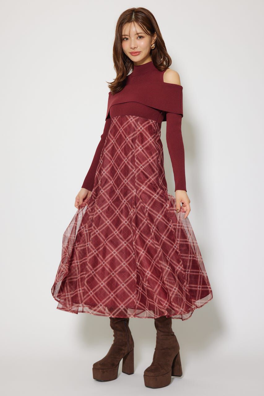 rienda「ドッキングオフショルニットフレアワンピース」|ワンピース|RED