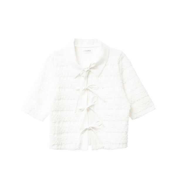 CALNAMUR「シャツカラーギャザーリボンカットソー」|シャツ・ブラウス|ホワイト