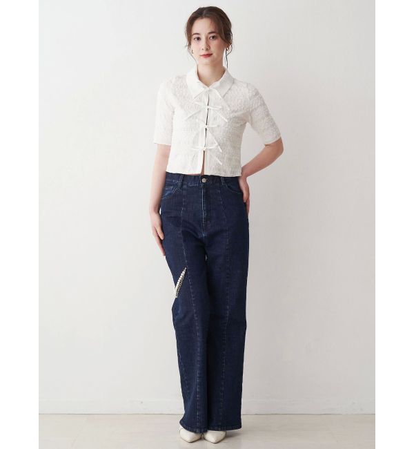 CALNAMUR「シャツカラーギャザーリボンカットソー」|シャツ・ブラウス|