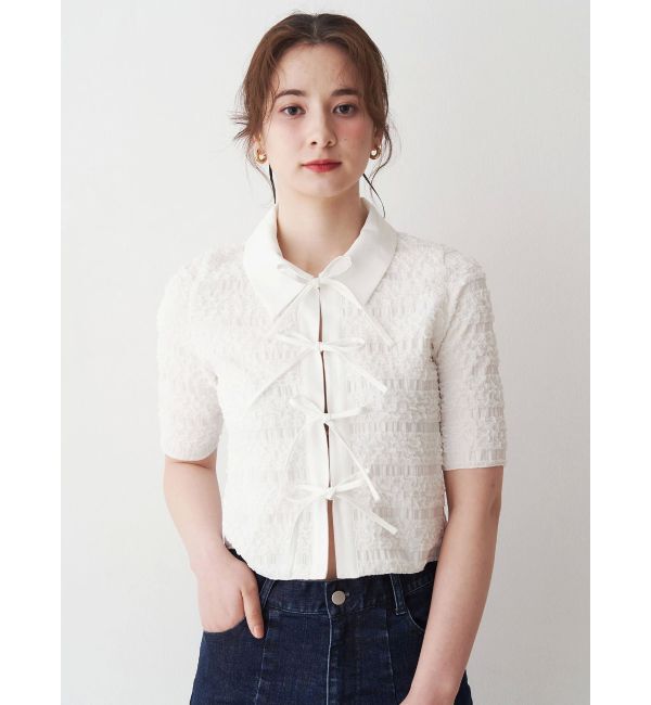 CALNAMUR「シャツカラーギャザーリボンカットソー」|シャツ・ブラウス|