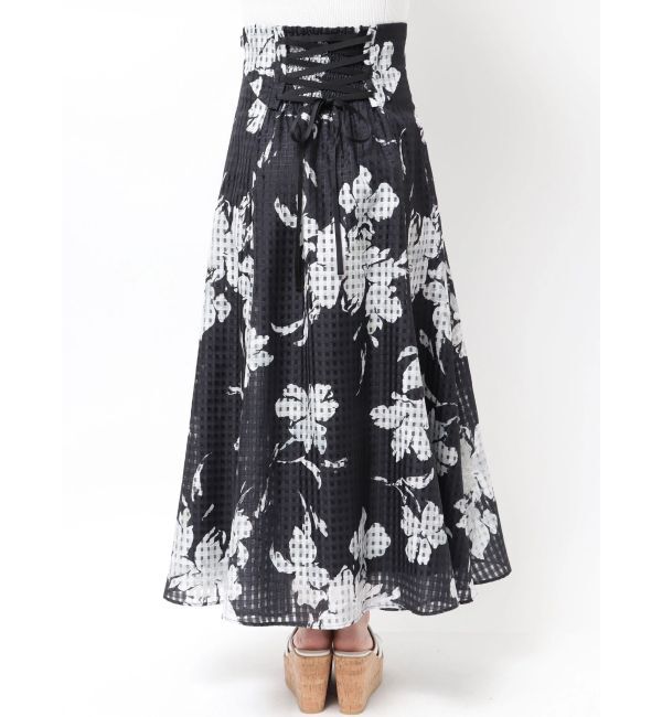 MERCURYDUO「アートフラワーバックレースアップフレアスカート」|スカート|