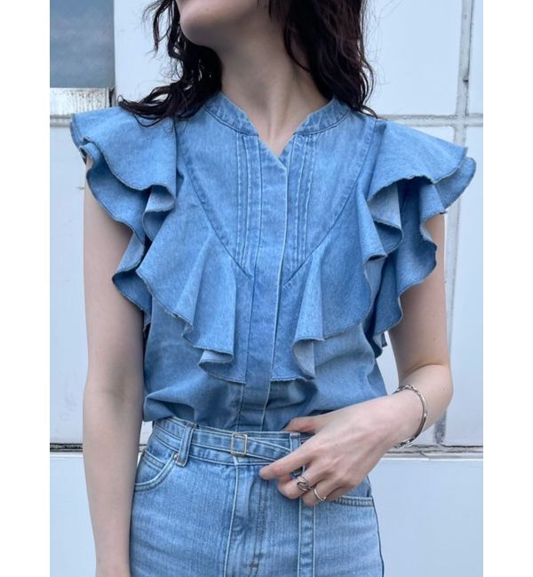 LAGUNAMOON「【Leeコラボ】Vネックフリルタックブラウス」|シャツ・ブラウス|ブルー