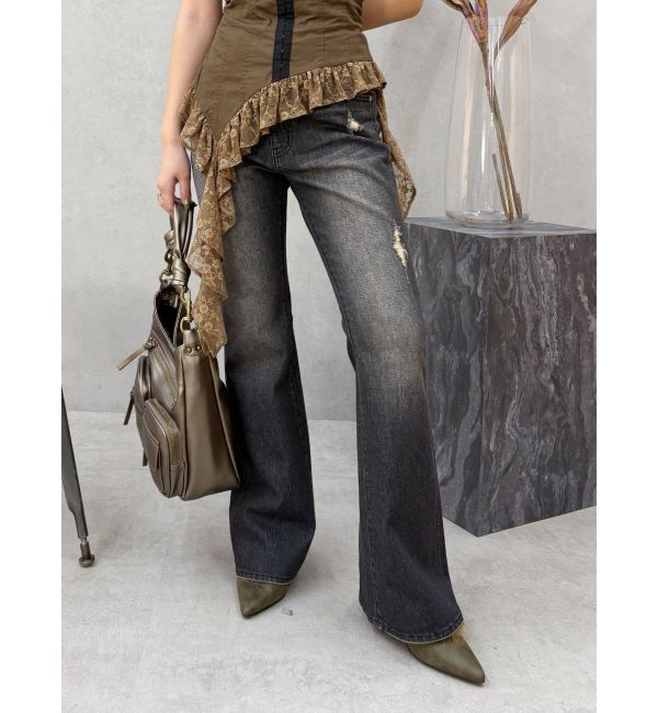 EVRIS「ヴィンテージライクダメージフレアデニムパンツ」|デニム|