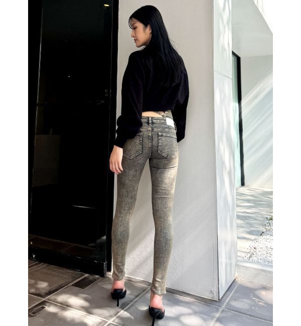 GYDA「ハイウエストBACKクロスUSEDケミカルウォッシュスキニーデニムパンツ」|デニム|