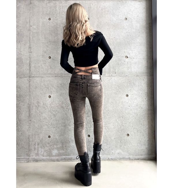 GYDA「ハイウエストBACKクロスUSEDケミカルウォッシュスキニーデニムパンツ」|デニム|