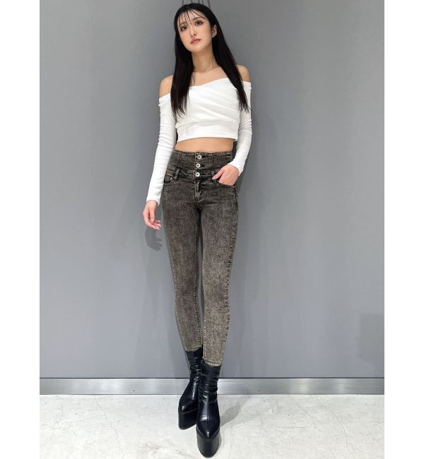 GYDA「ハイウエストBACKクロスUSEDケミカルウォッシュスキニーデニムパンツ」|デニム|