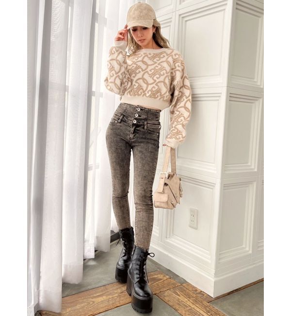 GYDA「ハイウエストBACKクロスUSEDケミカルウォッシュスキニーデニムパンツ」|デニム|