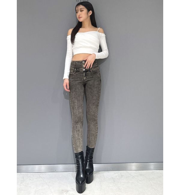 GYDA「ハイウエストBACKクロスUSEDケミカルウォッシュスキニーデニムパンツ」|デニム|