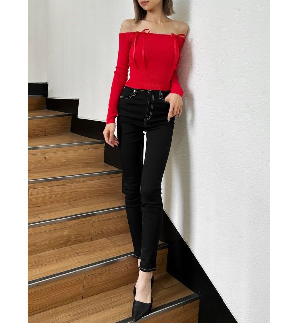 GYDA「【TINY】オフショルリボンニットトップス」|ニット・セーター|