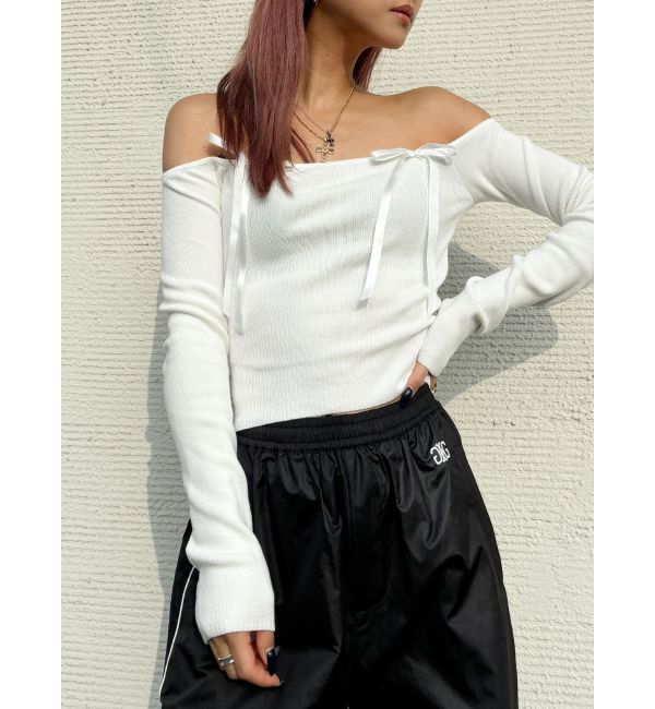 GYDA「【TINY】オフショルリボンニットトップス」|ニット・セーター|