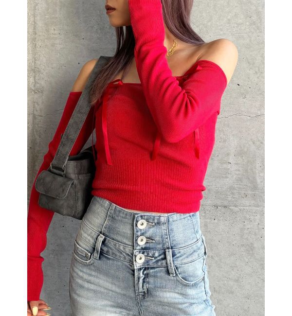 GYDA「【TINY】オフショルリボンニットトップス」|ニット・セーター|