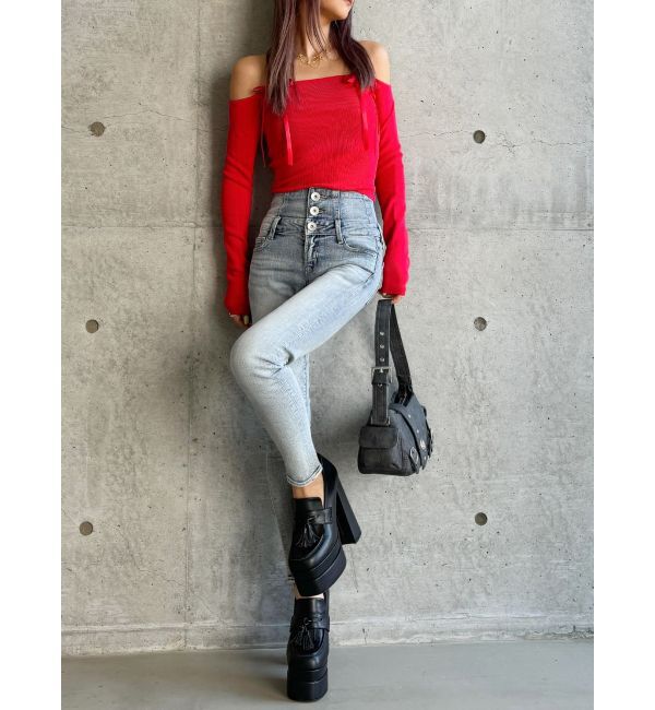 GYDA「【TINY】オフショルリボンニットトップス」|ニット・セーター|