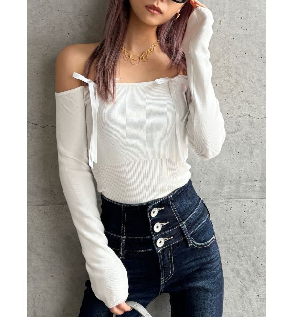 GYDA「【TINY】オフショルリボンニットトップス」|ニット・セーター|