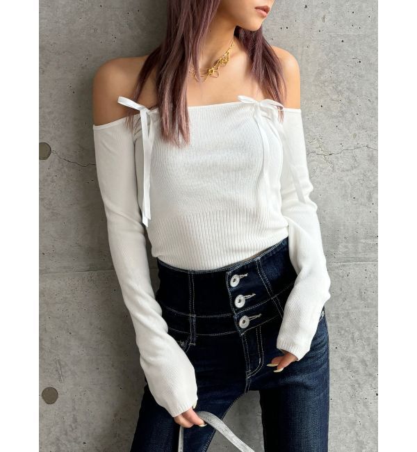 GYDA「【TINY】オフショルリボンニットトップス」|ニット・セーター|